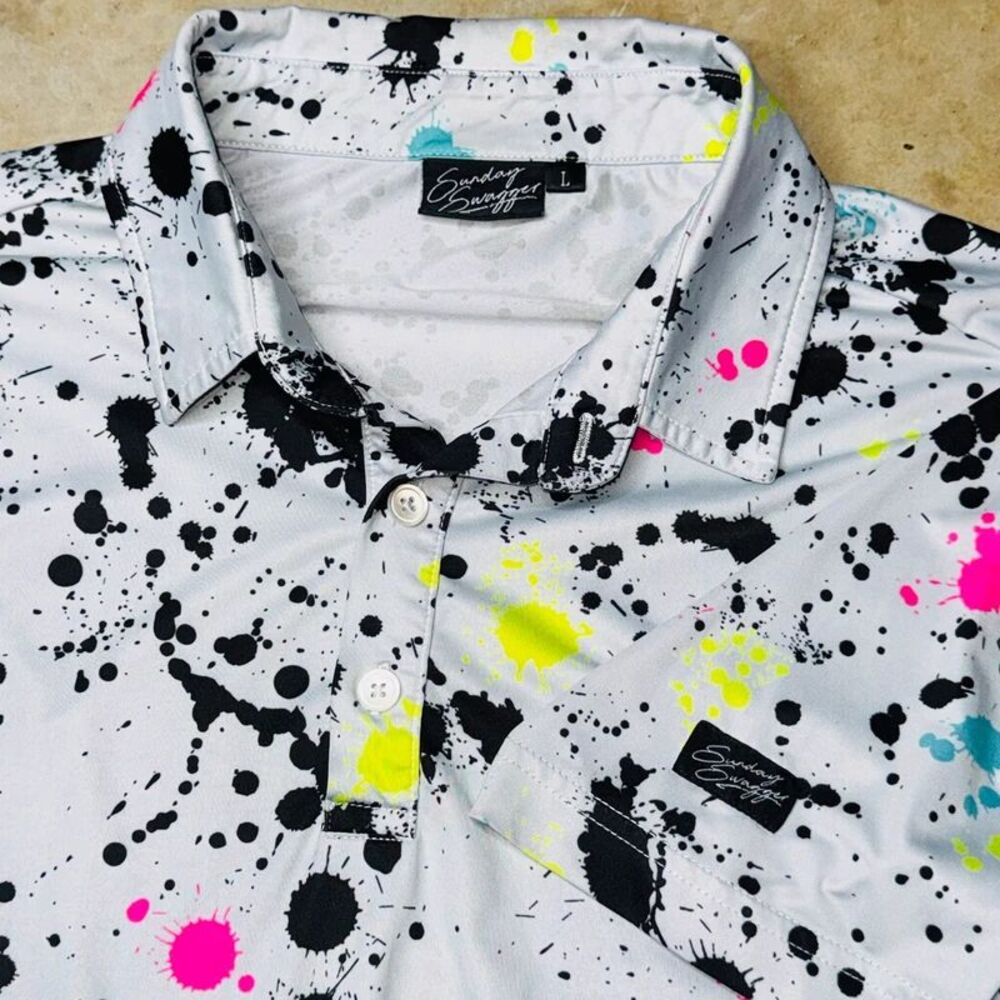 Sunday Swagger Shirt Golf Polo Men’s Large White Paint Splatter AOP Performance